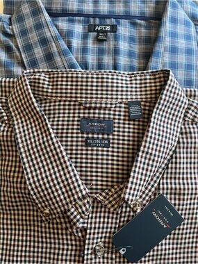 2 NWT Mens long sleeve dress shirts- APT 9-blue/grey checks, ARROW brown/tan